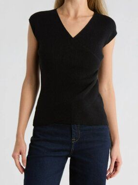 MAX STUDIO Cap Sleeve Wrap Sweater Black